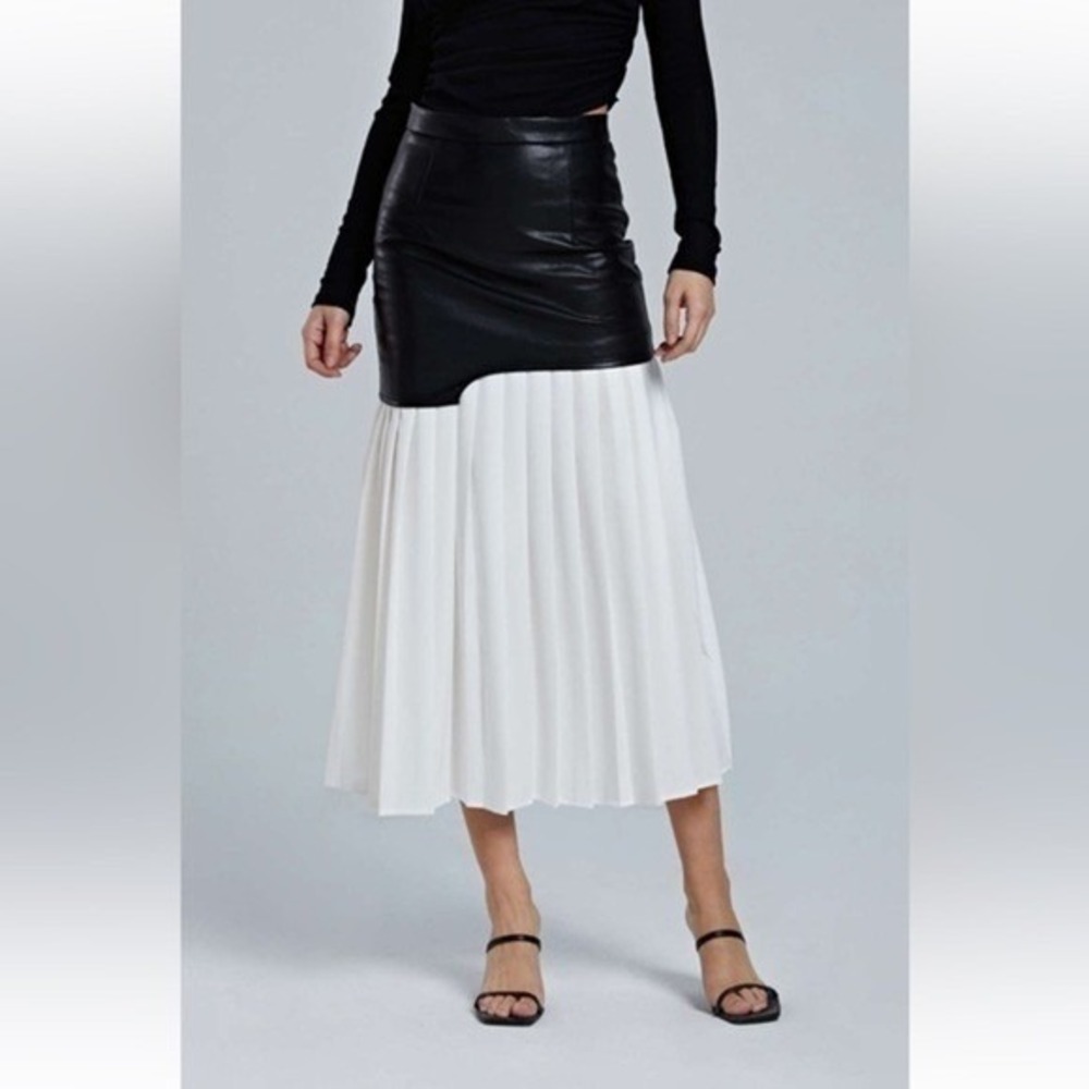 Commense Asymmetric Patchwork Faux Leather & Chiffon Pleated Maxi Skirt L NEW - Picture 7 of 14